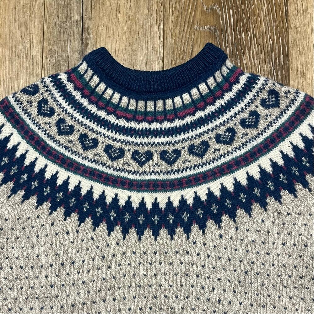 Vtg Woolrich Fair Isle Heart Sweater XL Birdseye Blue Cottagecore Countrycore - Picture 2 of 5